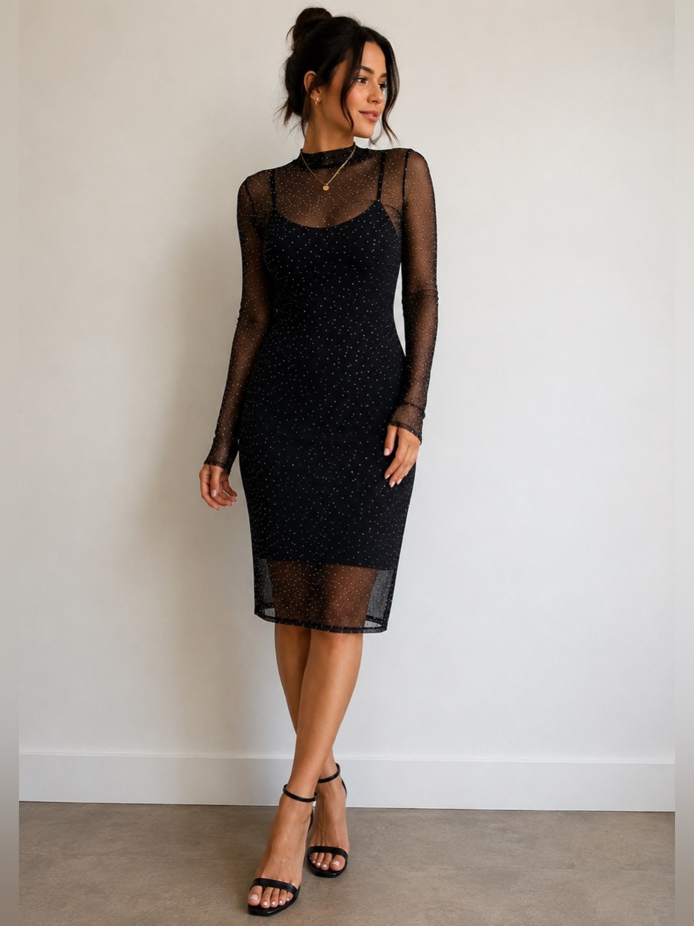 Sheer Sparkle Black Midi Dress - Elegant Women's Evening Dress